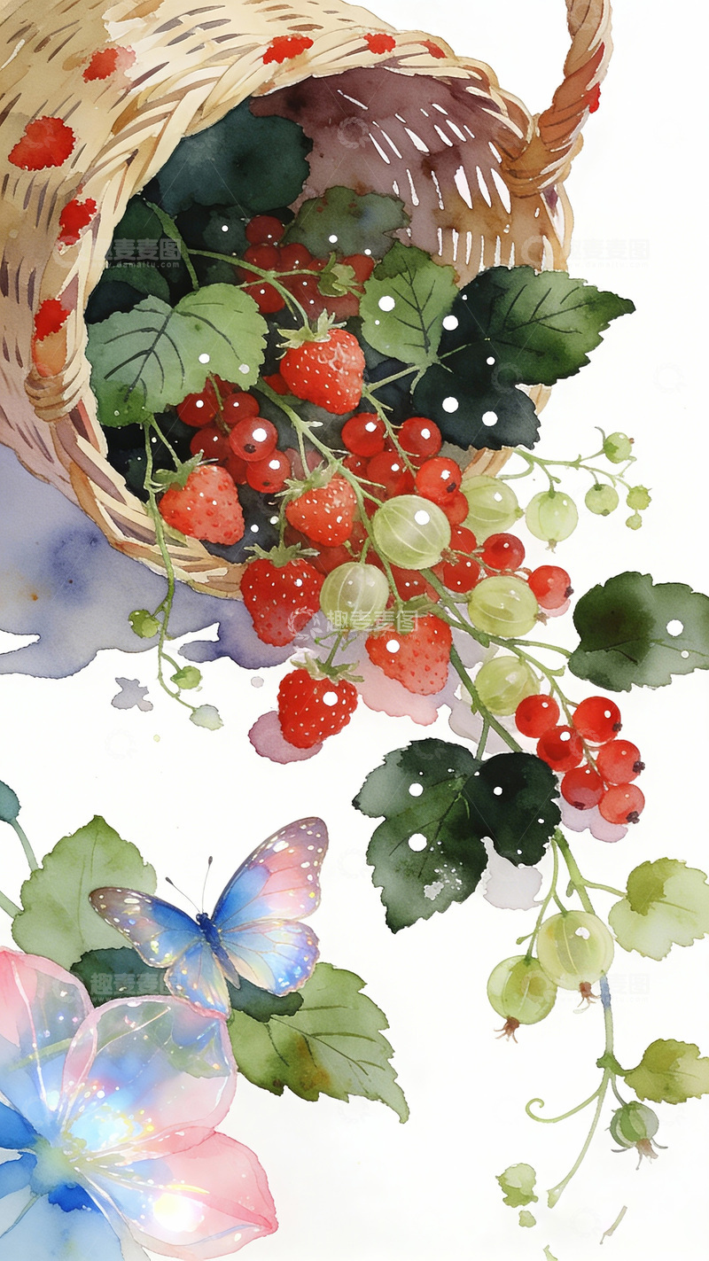高清大图下载【趣麦麦图】水彩果蔬蝴蝶装饰画