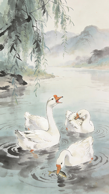 水墨鹅戏水中国画