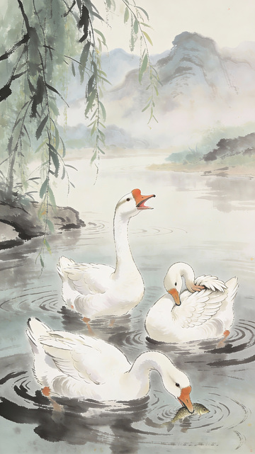 中国传统水墨鹅戏水图