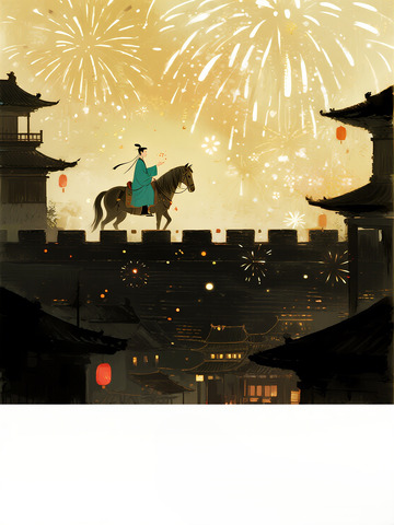古风水墨城楼烟花骑士