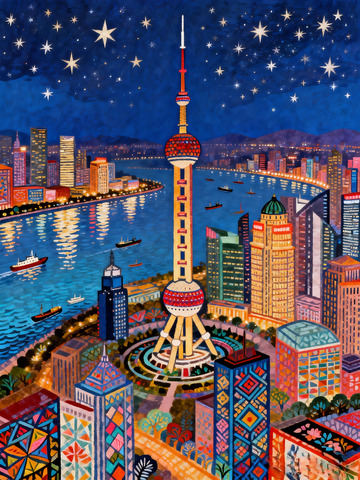 星夜城景艺术插画