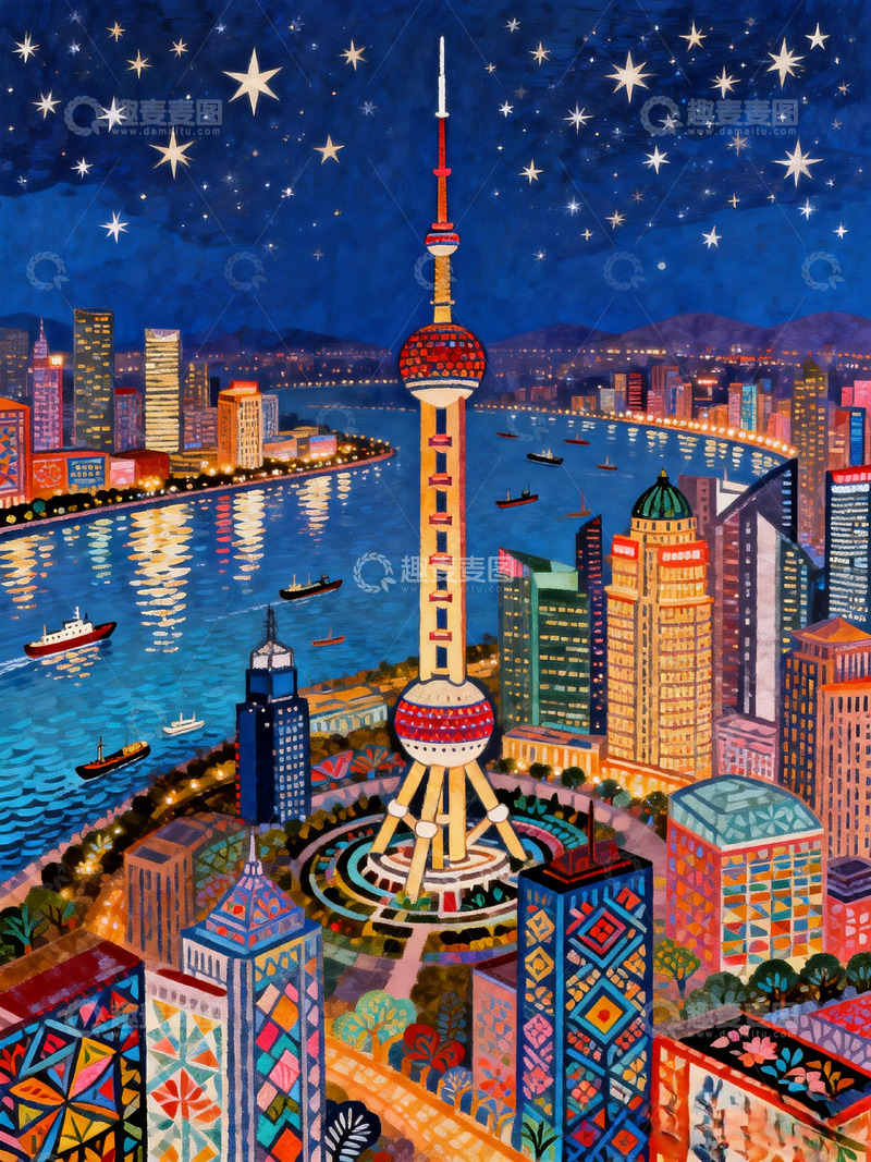 高清大图下载【趣麦麦图】星夜城景艺术插画