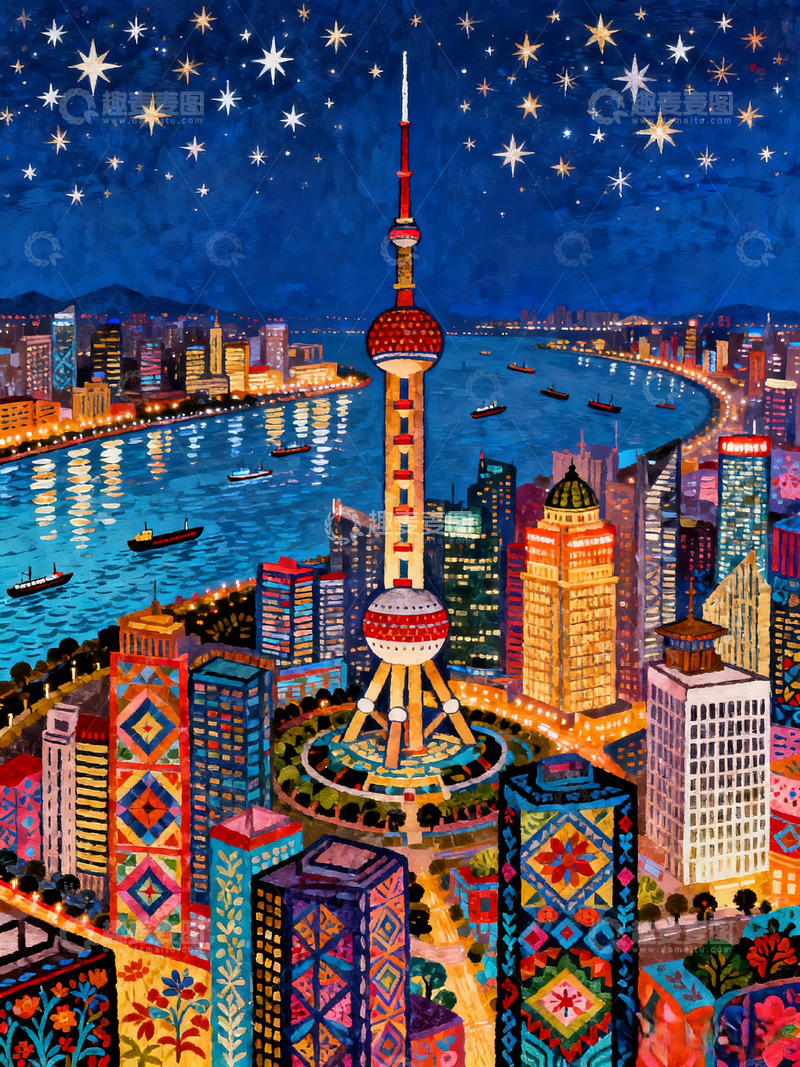 高清大图下载【趣麦麦图】城市夜景星空绘画东方明珠