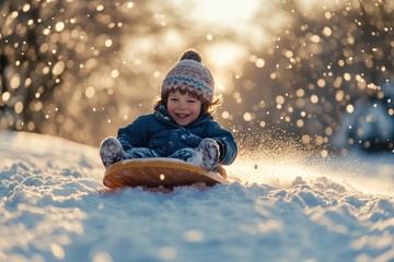 冬季玩滑雪的可爱小孩
