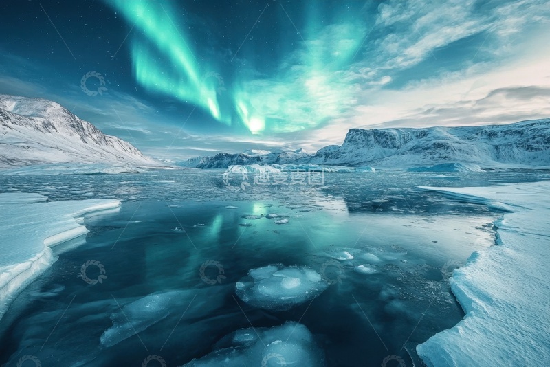 高清大图下载【趣麦麦图】南极冰川河流极光