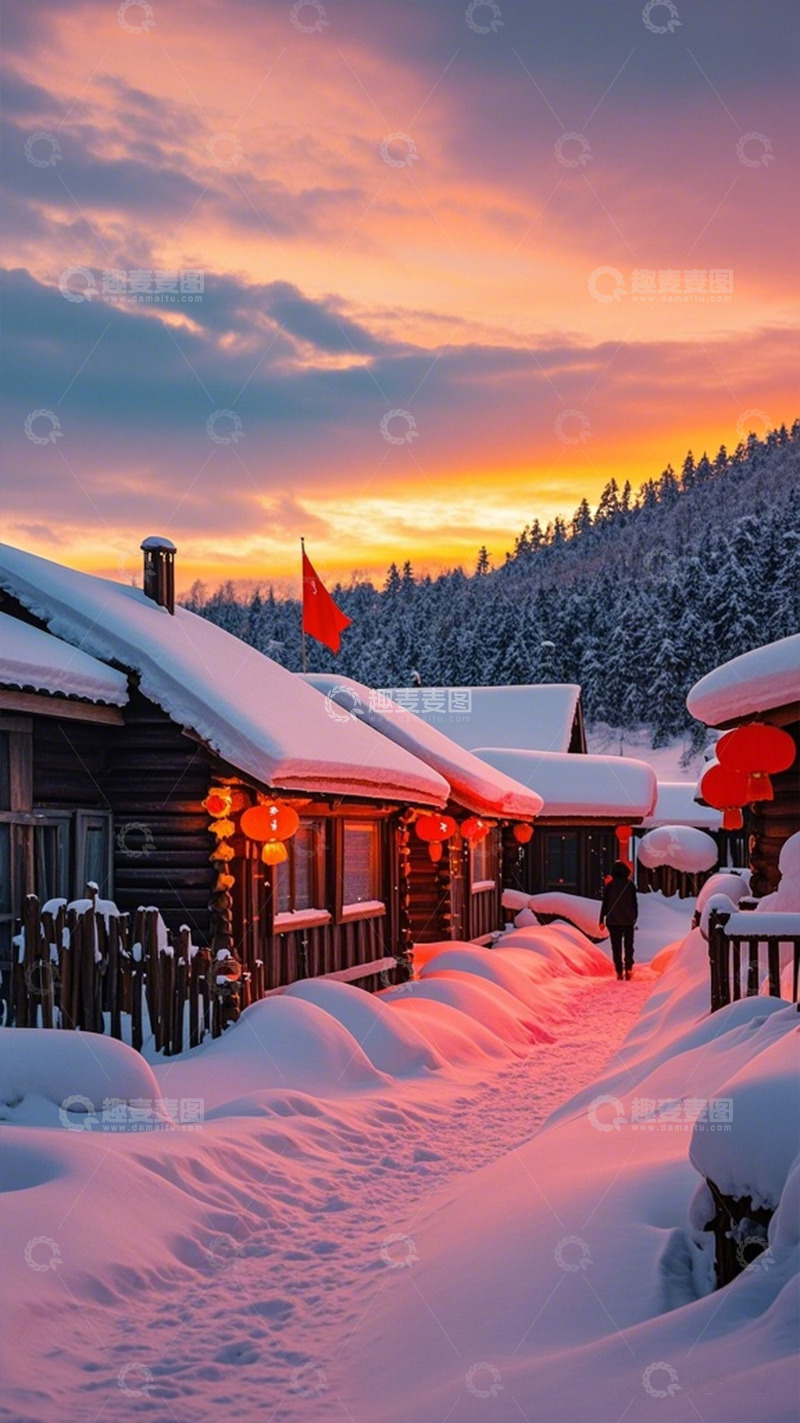 高清大图下载【趣麦麦图】雪乡日落木屋风光摄影