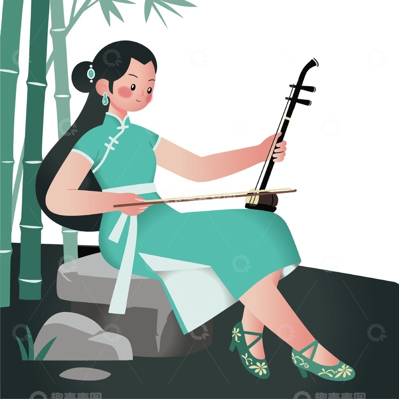 源文件下载【趣麦麦图】古风女子演奏二胡插画