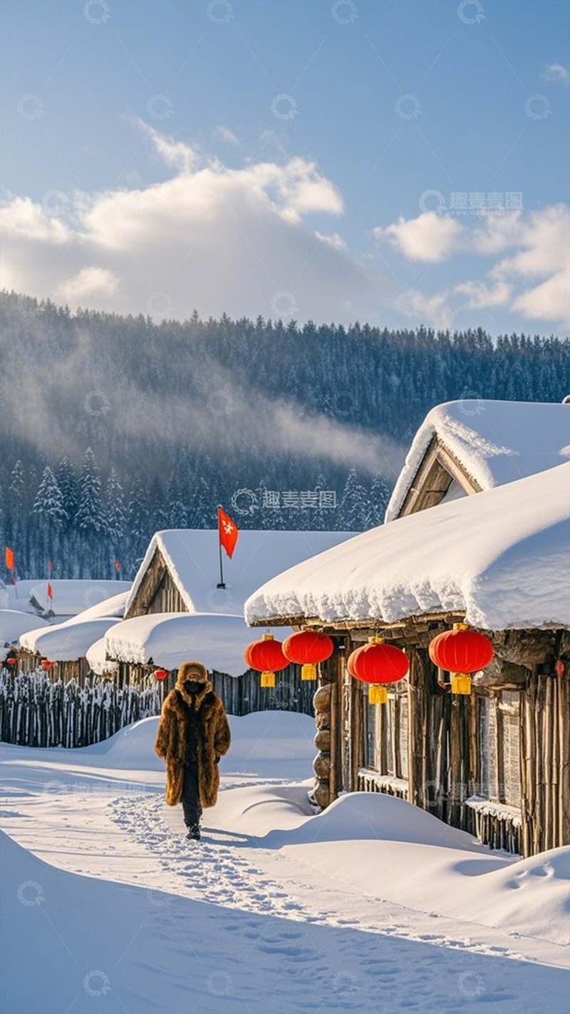 高清大图下载【趣麦麦图】雪村冬景木房红灯笼行人