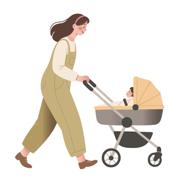 卡通风妈妈推婴儿车场景插画
