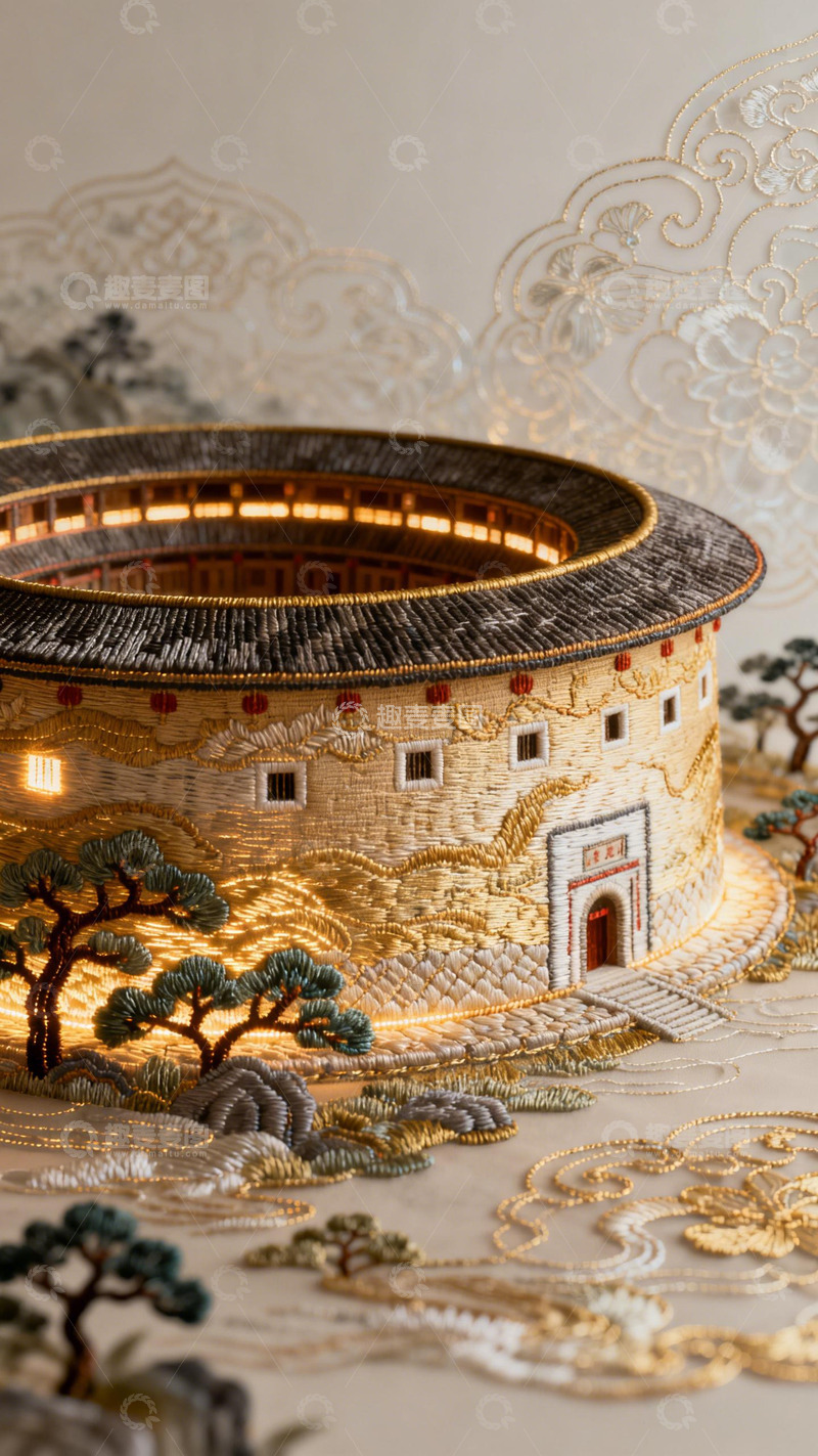 高清大图下载【趣麦麦图】刺绣风格福建土楼艺术品展示