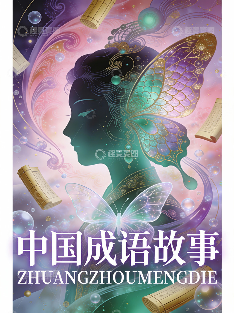 高清大图下载【趣麦麦图】中国成语故事：庄周梦蝶的诗意幻境