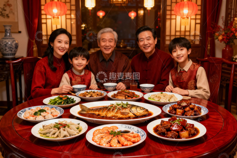 高清大图下载【趣麦麦图】春节团圆饭家庭合影