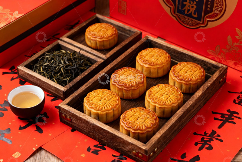 高清大图下载【趣麦麦图】中式节庆月饼茶具摆设