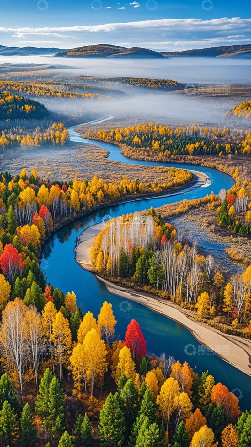 高清大图下载【趣麦麦图】金秋河流风光航拍