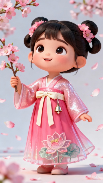 拿着桃花花枝的可爱女孩