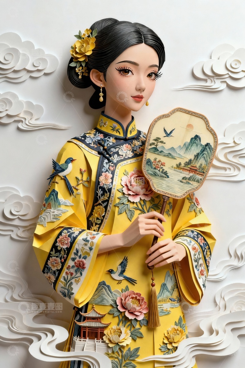 高清大图下载【趣麦麦图】立体剪纸人物装饰画