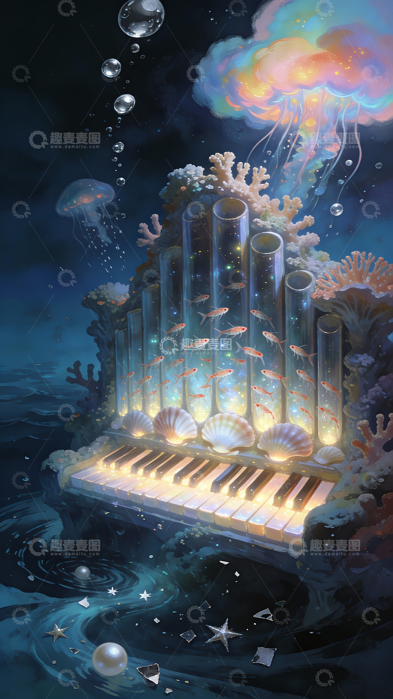 高清大图下载【趣麦麦图】深海里的琴音：珊瑚与鱼群的乐章