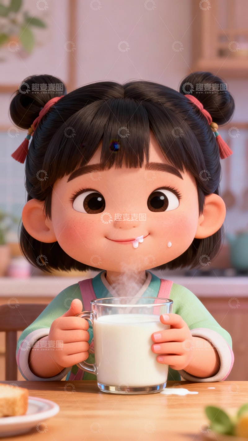 高清大图下载【趣麦麦图】-喝牛奶的可爱小女孩