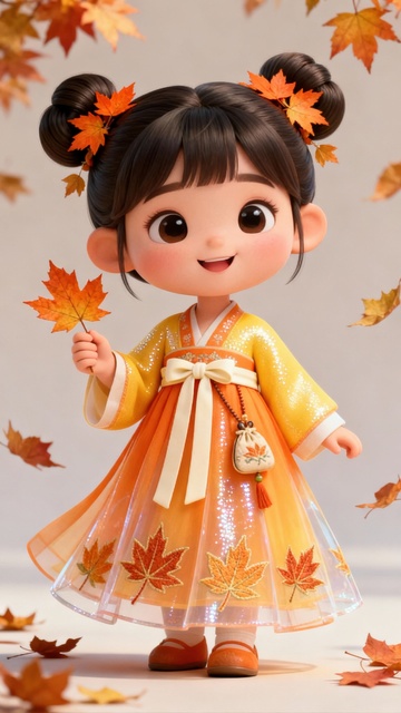 拿着小枫叶的可爱小女孩