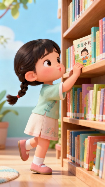 书架上找书的可爱小女孩