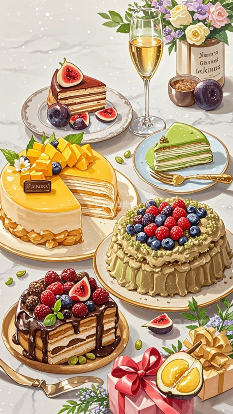 高清大图下载【趣麦麦图】水彩风甜点美食插画设计素材