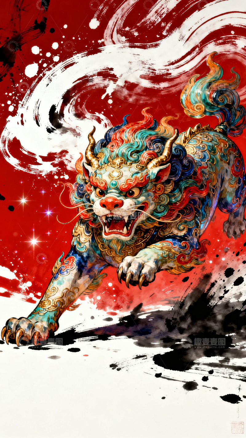 高清大图下载【趣麦麦图】中国神兽水墨风插画