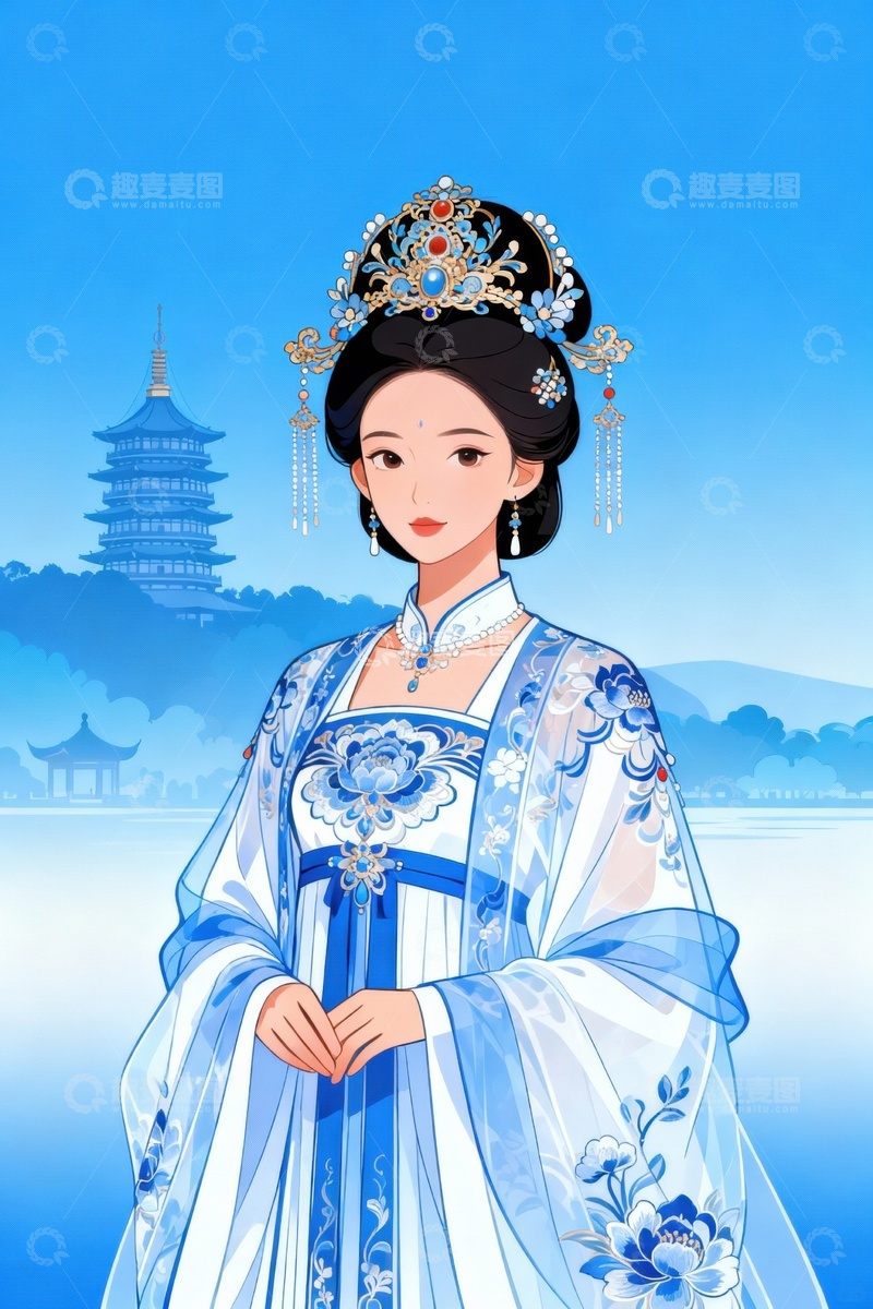 高清大图下载【趣麦麦图】手绘简约一位古代美女