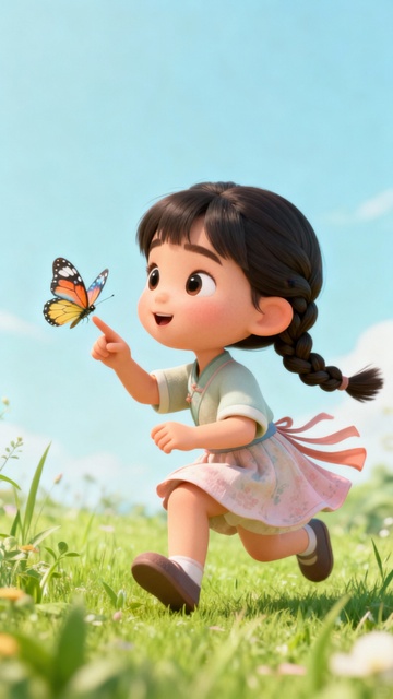 追着蝴蝶的可爱小女孩