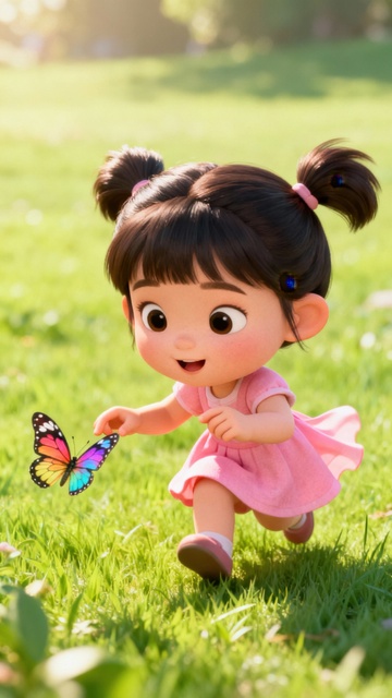 小女孩和蝴蝶一起玩耍