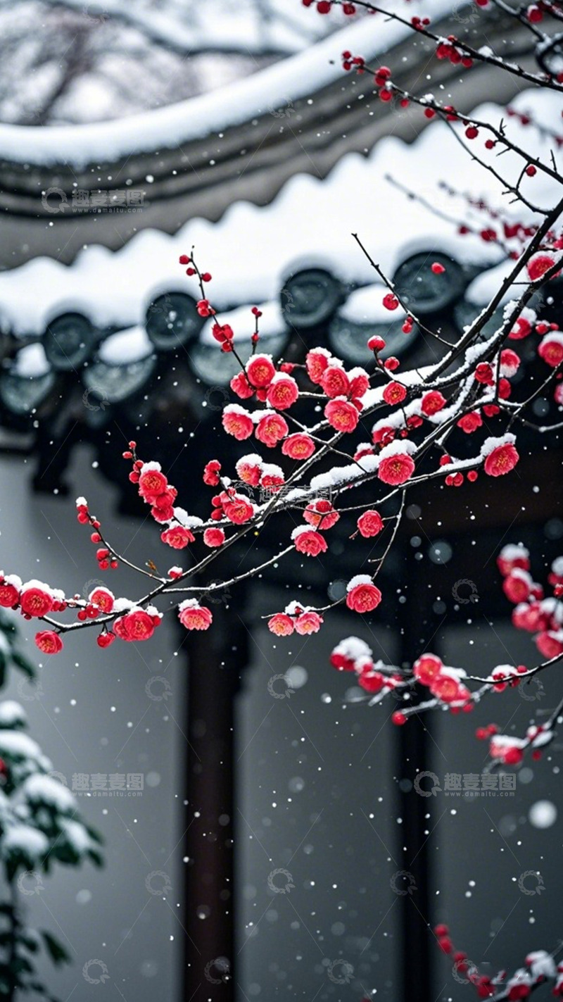 高清大图下载【趣麦麦图】雪中红梅古风美景