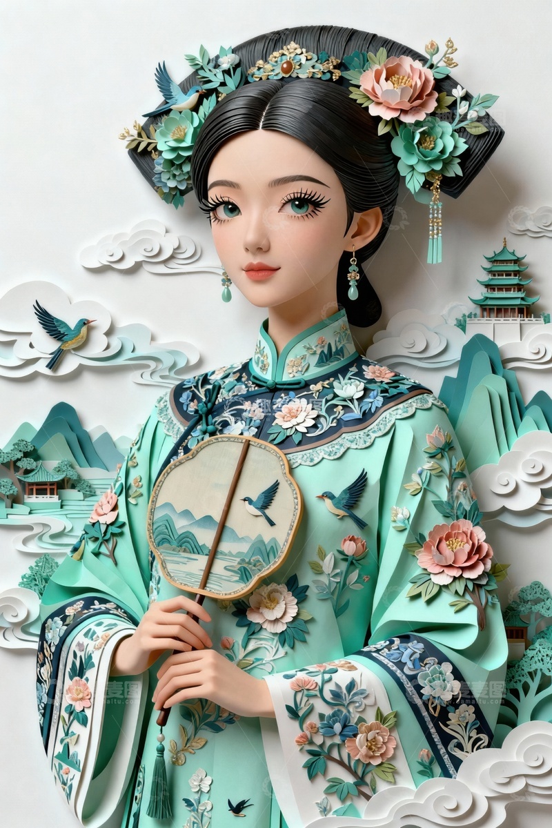 高清大图下载【趣麦麦图】立体剪纸画清朝格格