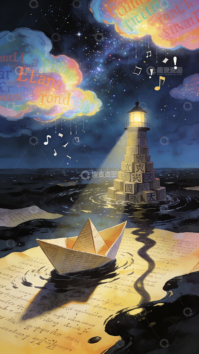 高清大图下载【趣麦麦图】星空下的文字灯塔：纸船与音符