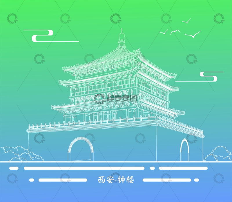 源文件下载【趣麦麦图】城市地标建筑线稿-钟楼