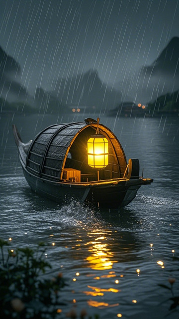 雨夜灯光船影风景画