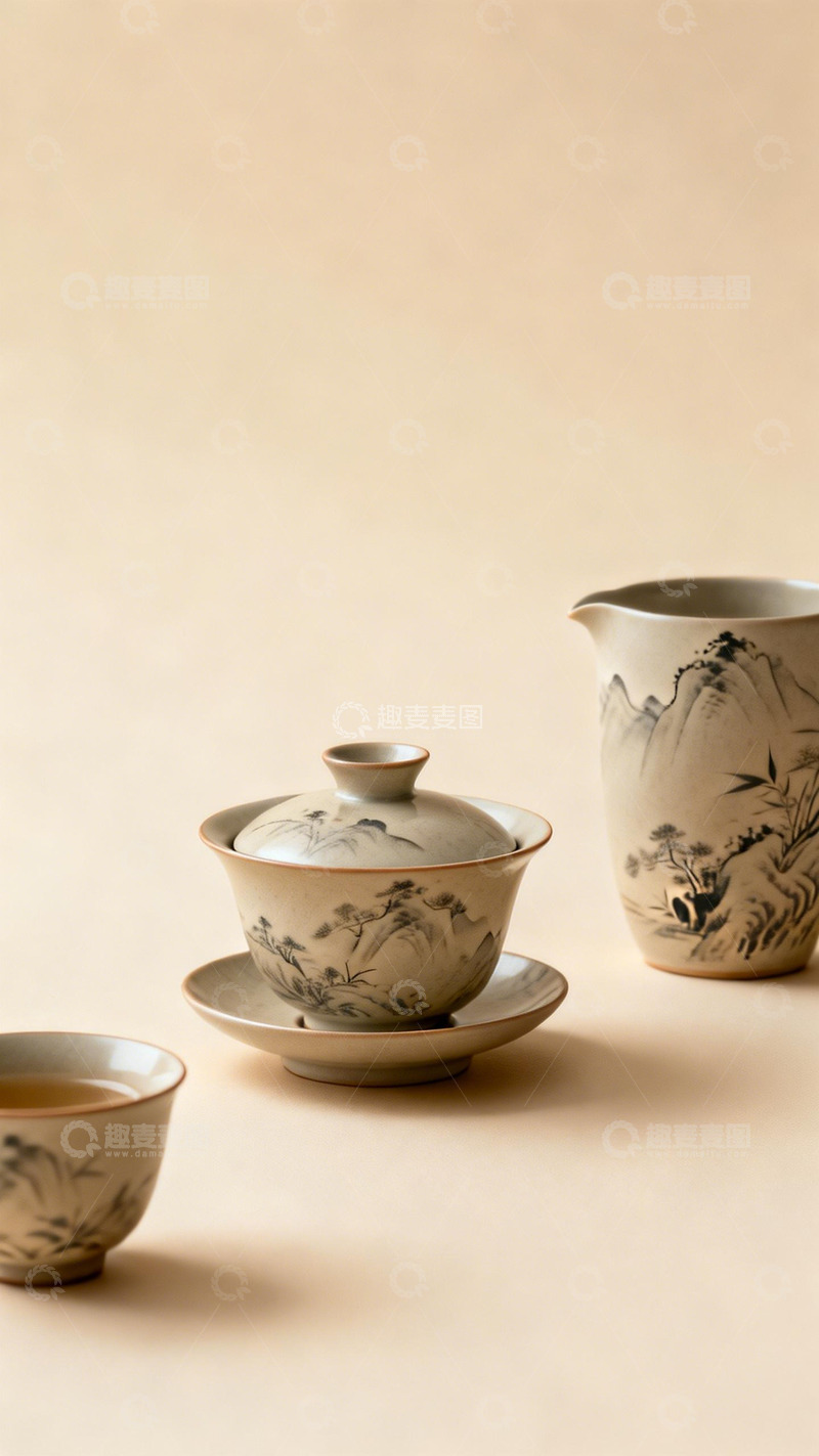 高清大图下载【趣麦麦图】陶瓷茶具山水画风格