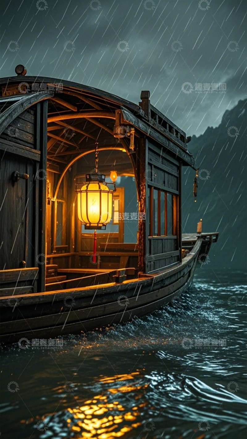 高清大图下载【趣麦麦图】雨夜古船古风灯笼