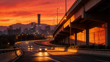 夕霞染城道车流曳光接摩天楼