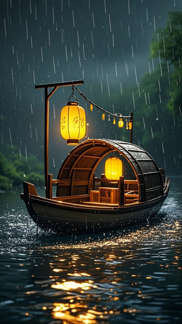 古风雨夜游船美景