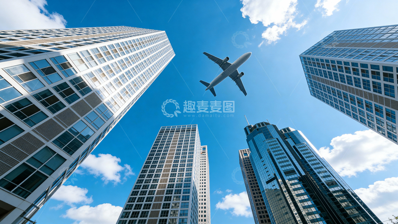 高清大图下载【趣麦麦图】客机飞过摩天楼间