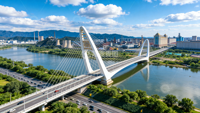 高清大图下载【趣麦麦图】白桥跨江连城畔山影伴厂楼