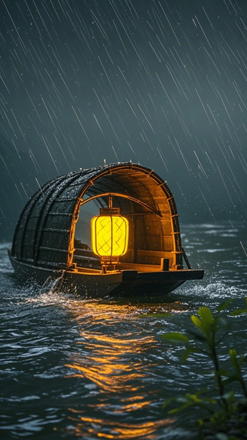 古风雨夜船灯夜景