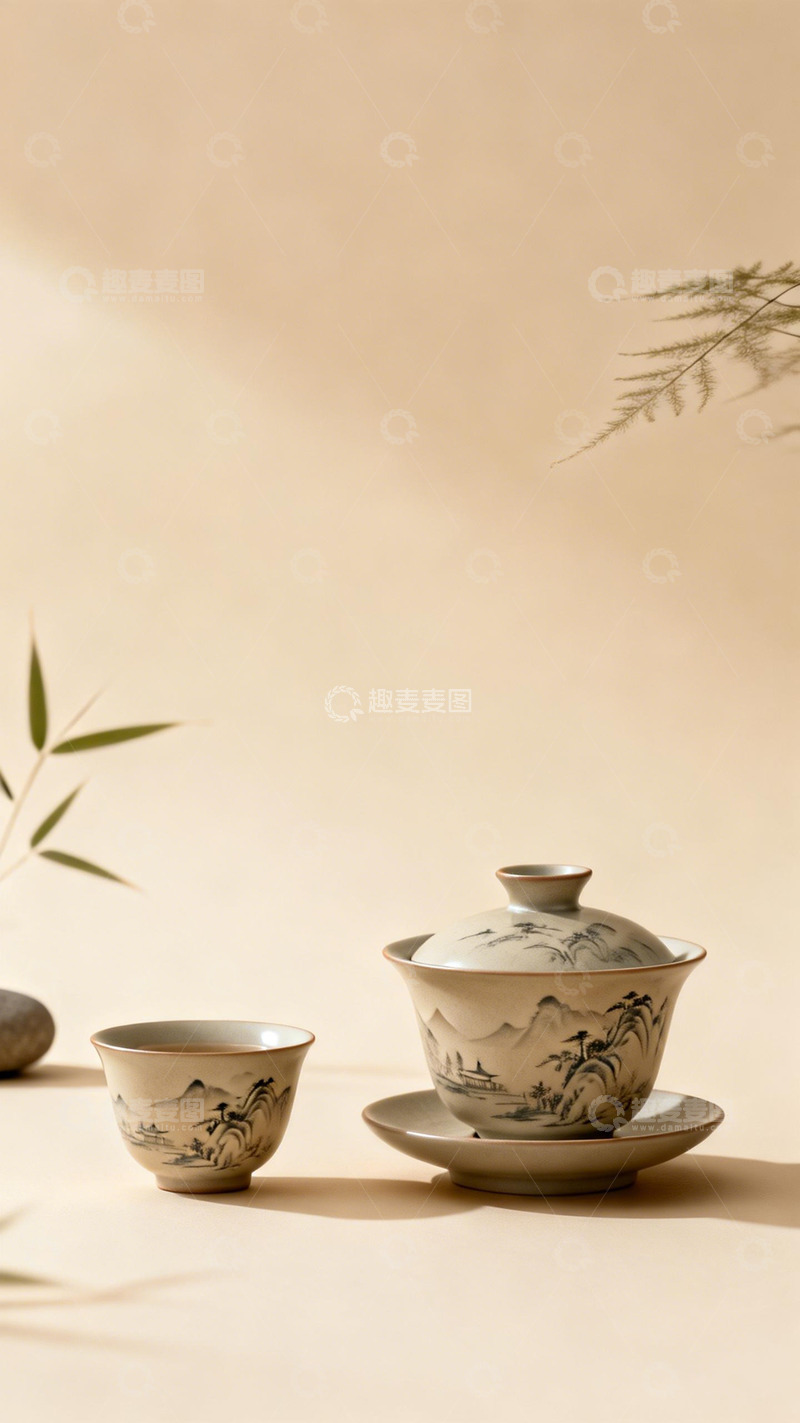 高清大图下载【趣麦麦图】古风茶具山水图案展示