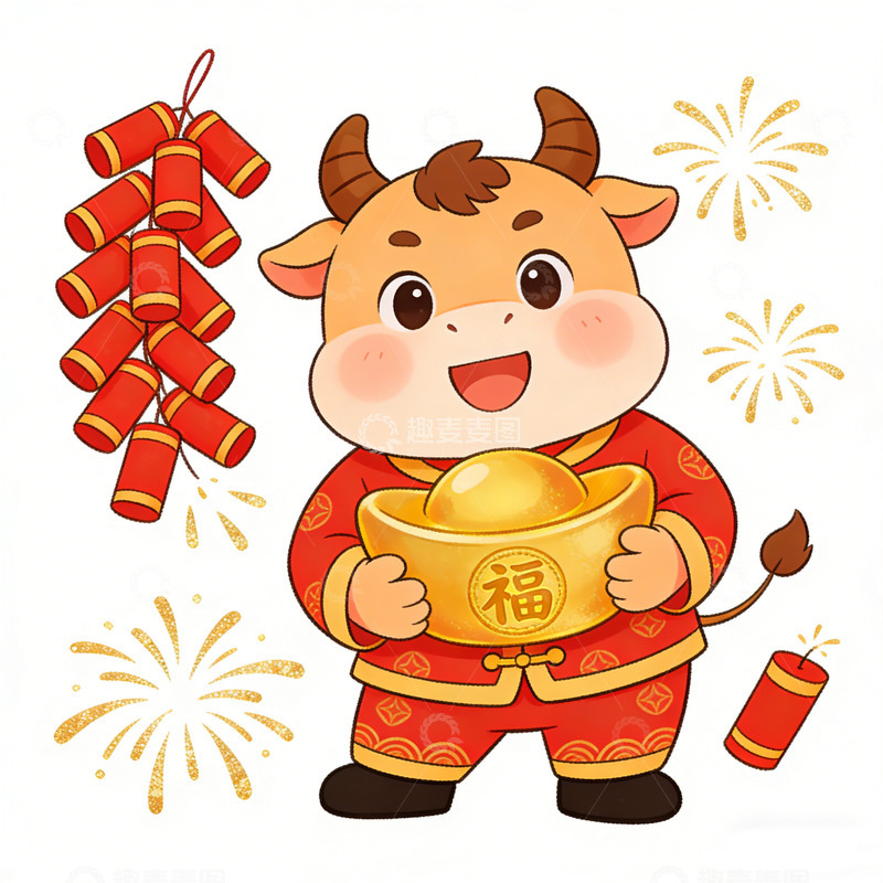 高清大图下载【趣麦麦图】卡通牛年新年庆祝插画