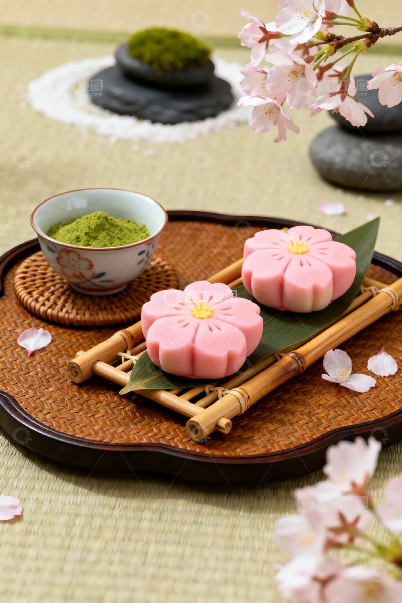 高清大图下载【趣麦麦图】和风糕点樱花装饰抹茶粉