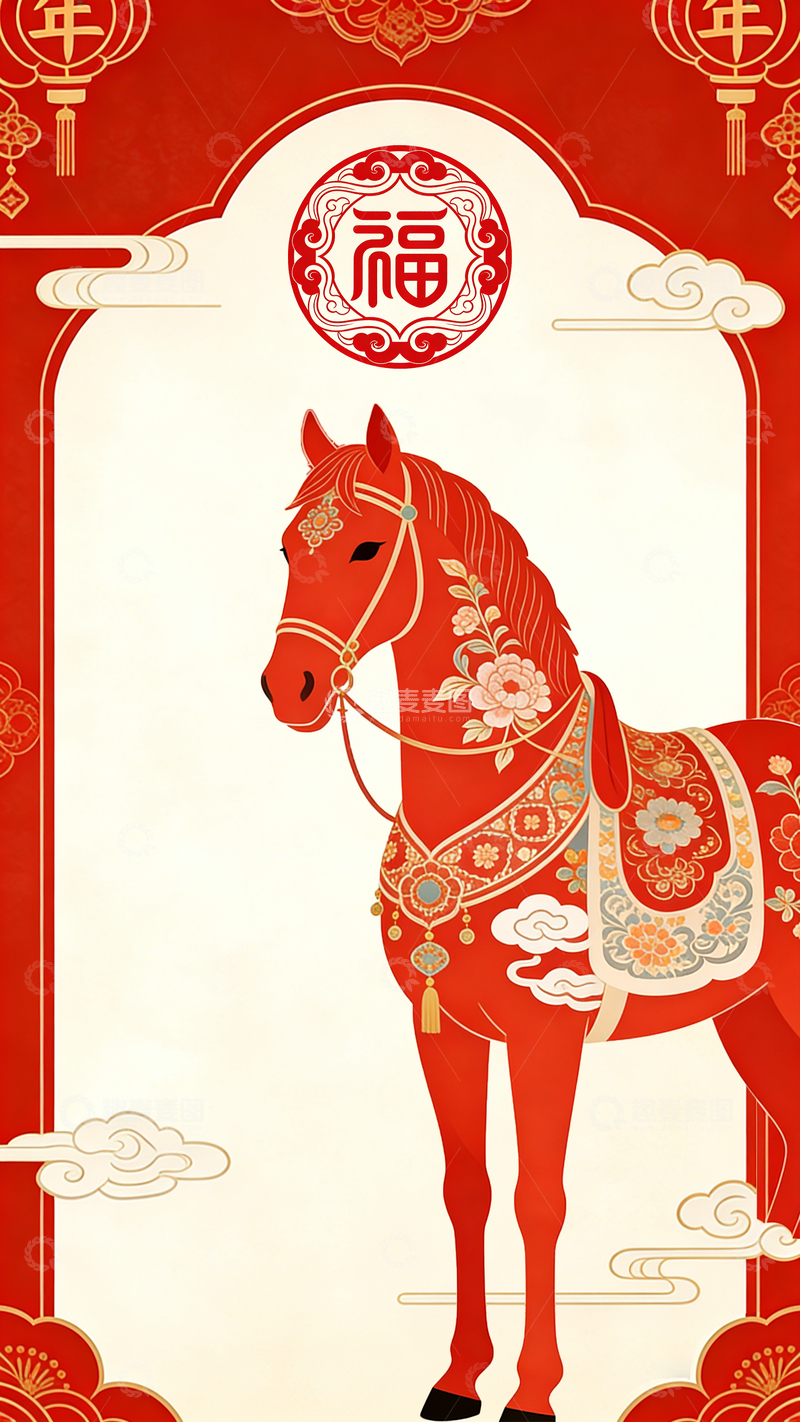 源文件下载【趣麦麦图】春节喜庆马装饰插画