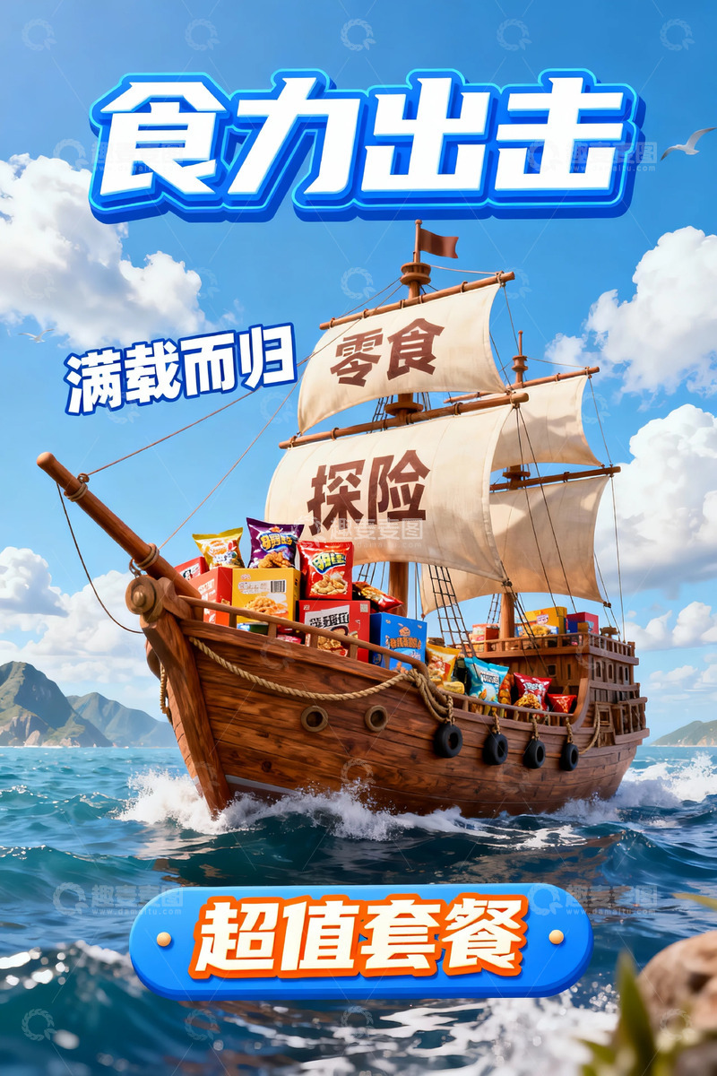 高清大图下载【趣麦麦图】食力出击零食船广告