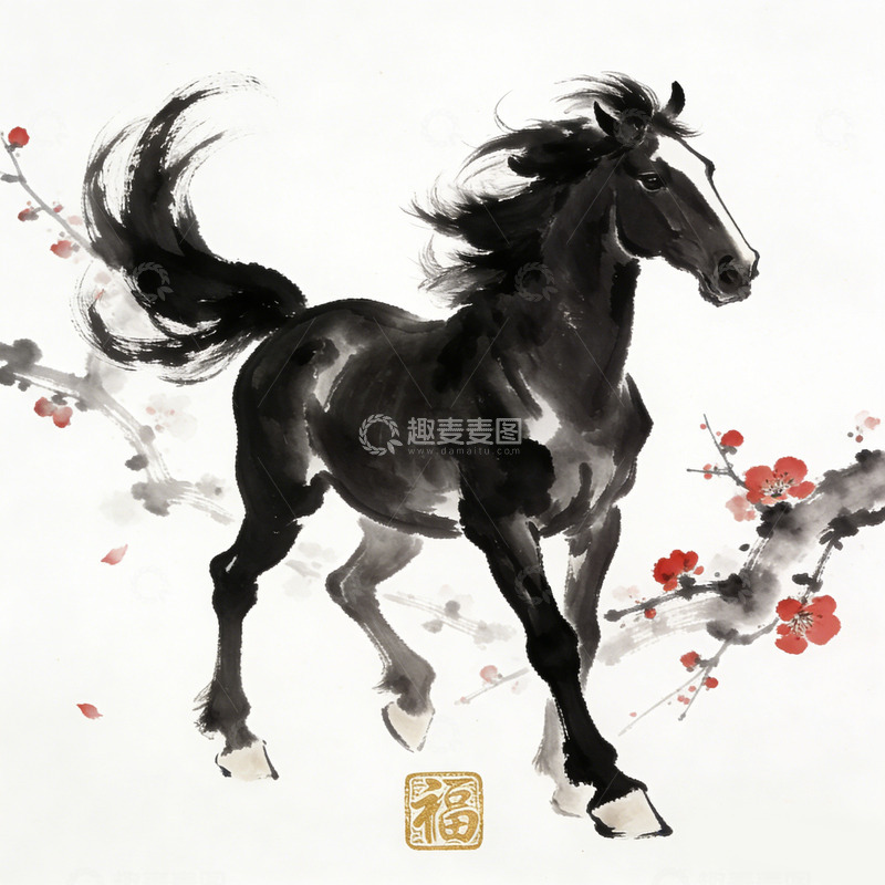 高清大图下载【趣麦麦图】水墨画骏马梅花艺术画作