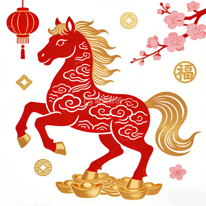 高清大图下载【趣麦麦图】红色骏马福字樱花金币图案