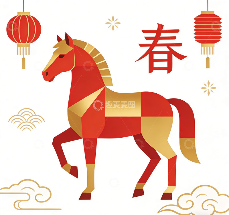 高清大图下载【趣麦麦图】新春马图腾喜庆插画
