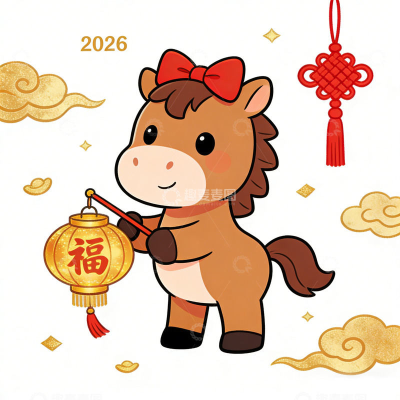 高清大图下载【趣麦麦图】卡通马年新年喜庆插画元素